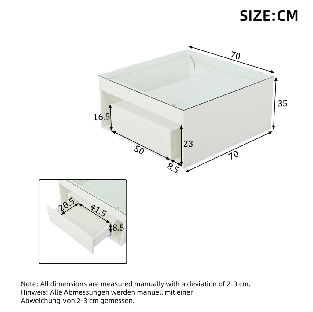 Tavolino da caffè 70x70x35 cm; con LED e piano in vetro temperato; MDF bianco