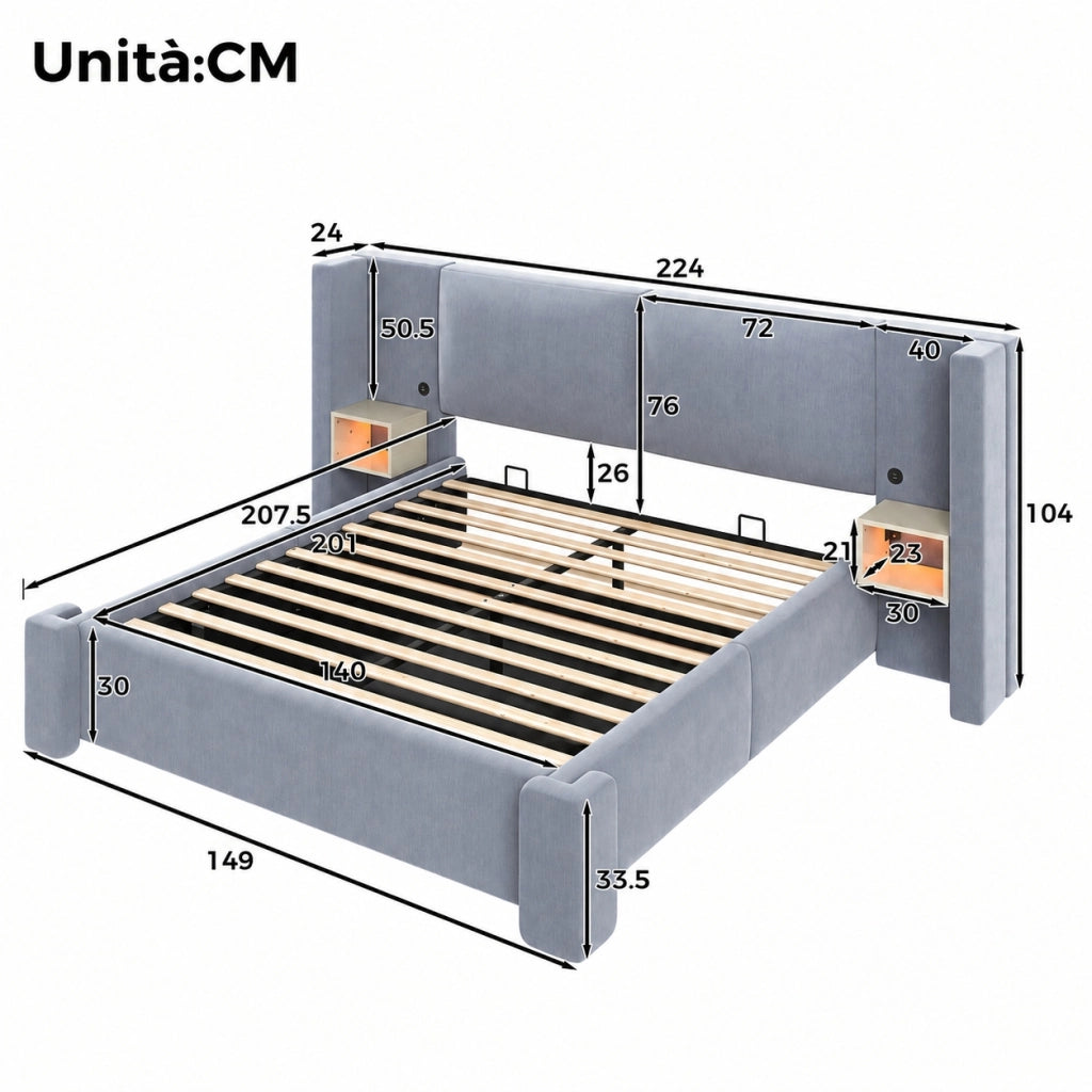 Letto matrimoniale 140x200 con contenitore idraulico e luci LED integrate; lino grigio