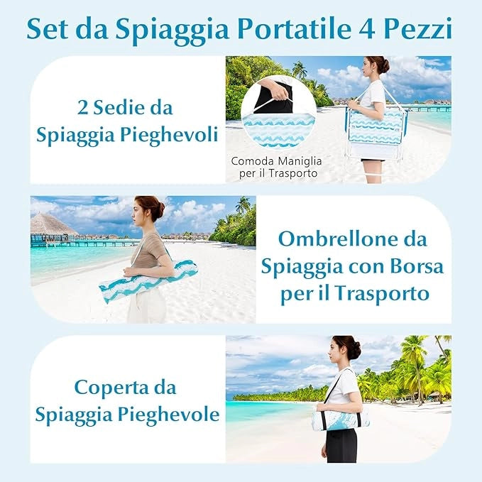 Set da Spiaggia di 4 Pezzi con Ombrellone, 2 Sedie Pieghevoli, Coperta da Picnic, Parasole Portatile per Esterni con Meccanismo di Inclinazione, Portabicchieri, Braccioli
