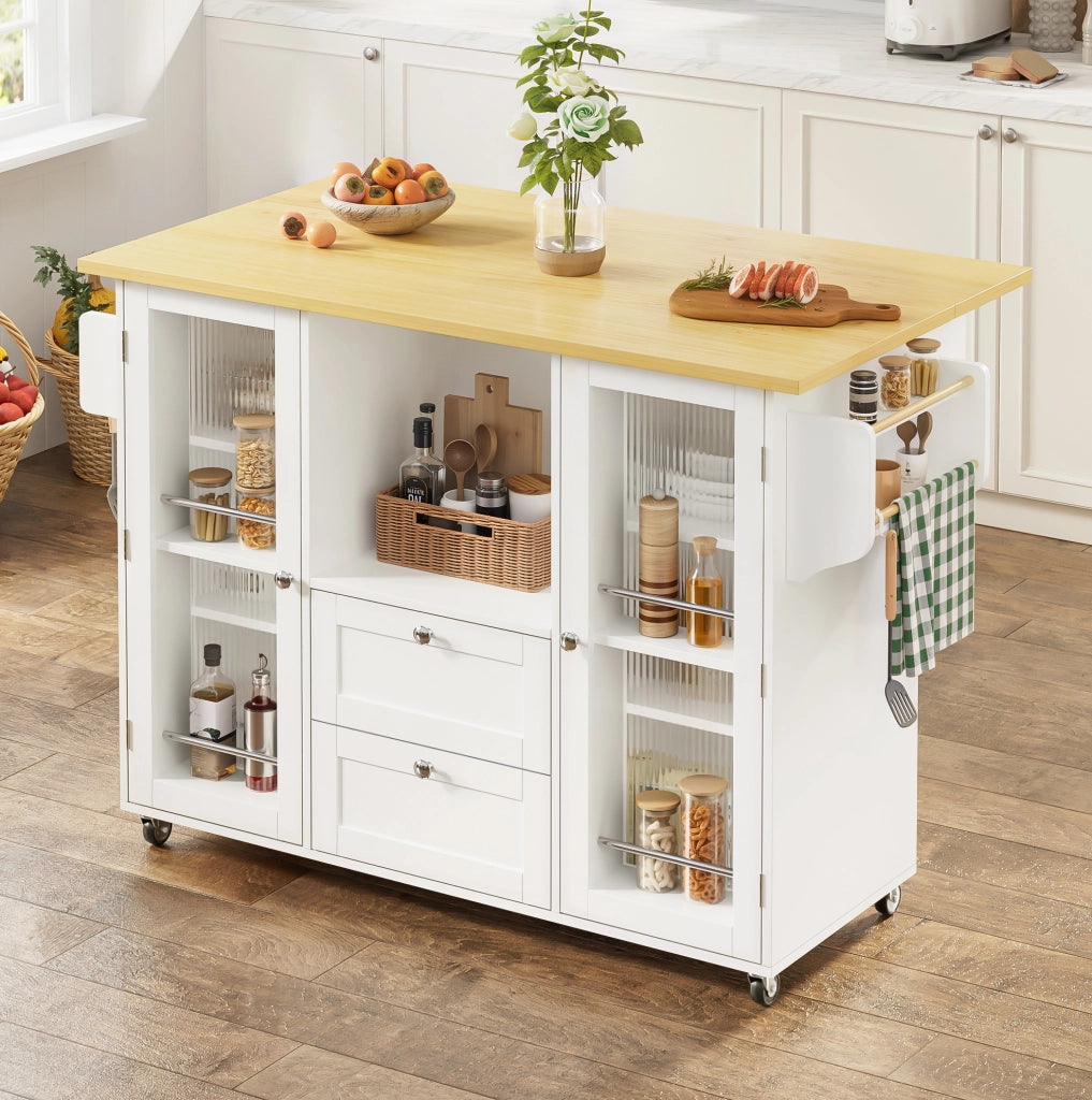 Isola cucina mobile con piano ribaltabile e 2 cassetti