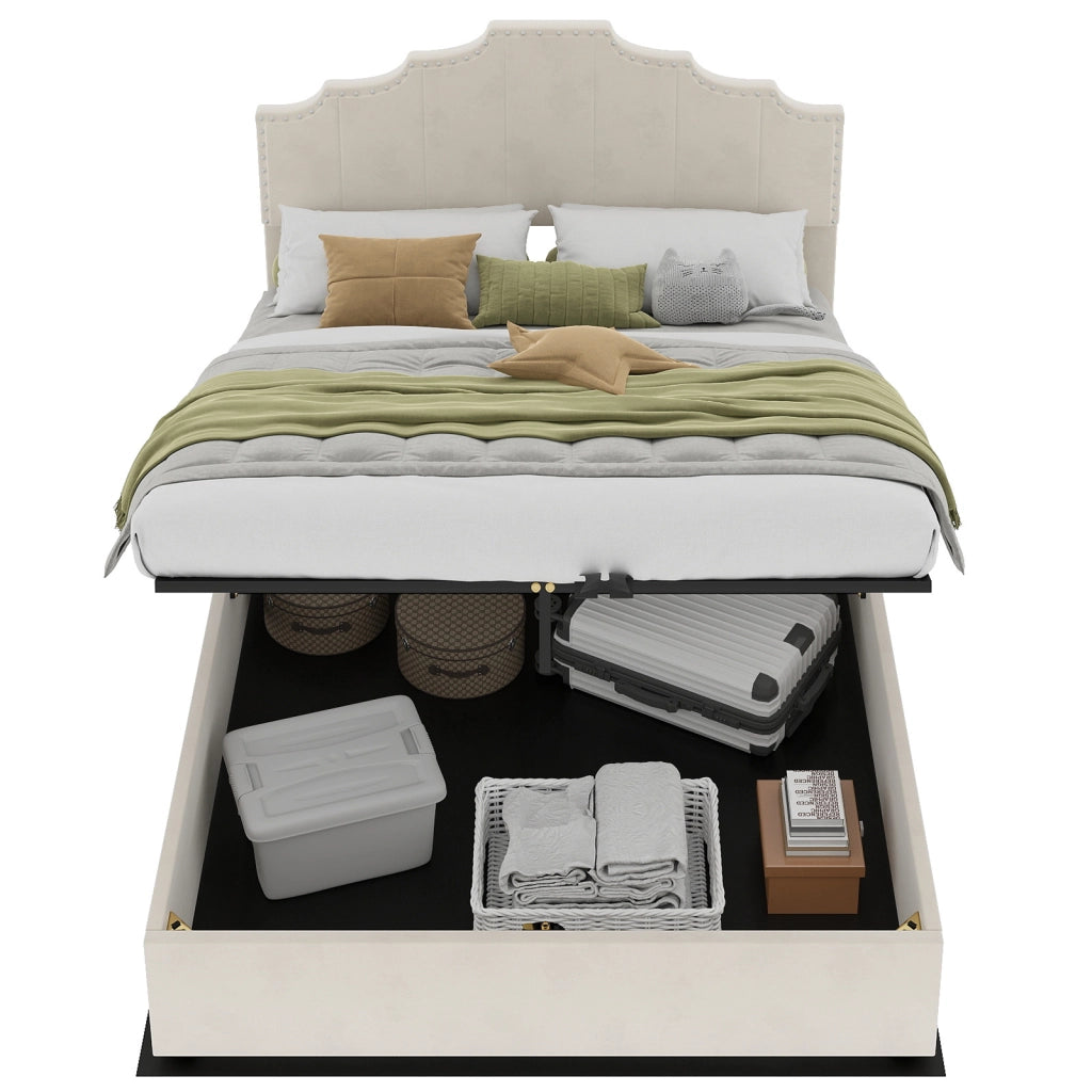 Letto Contenitore Imbottito ¨C MINIMAL ¨C Testiera Morbida, Beige, 140x200
