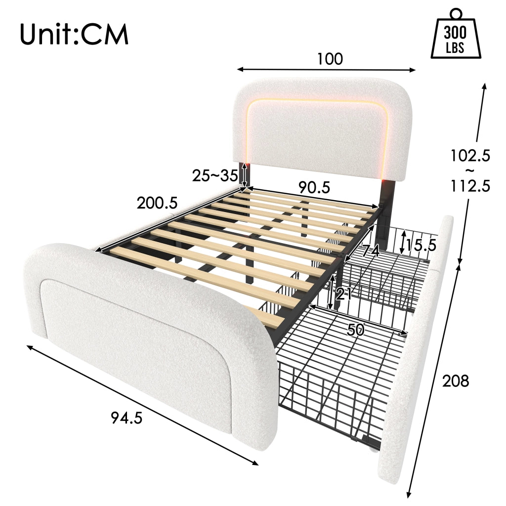 LETTO Singolo 90x200 cm Sherpa Bianco con USB Type-C, LED e 2 cassetti