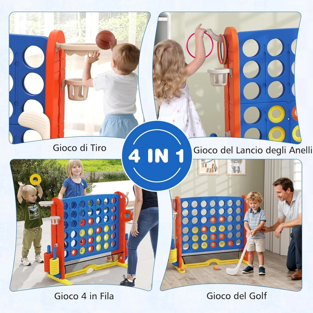 4 in 1 Forza 4 Gigante, Set di Gioco 4 in Fila con Lancio degli Anelli, Canestro da Basket, Palla, Mazza da Golf, Porta Bicchieri, Borsa e Tasca a Rete, Forza 4 Regolabile in Altezza (Blu)