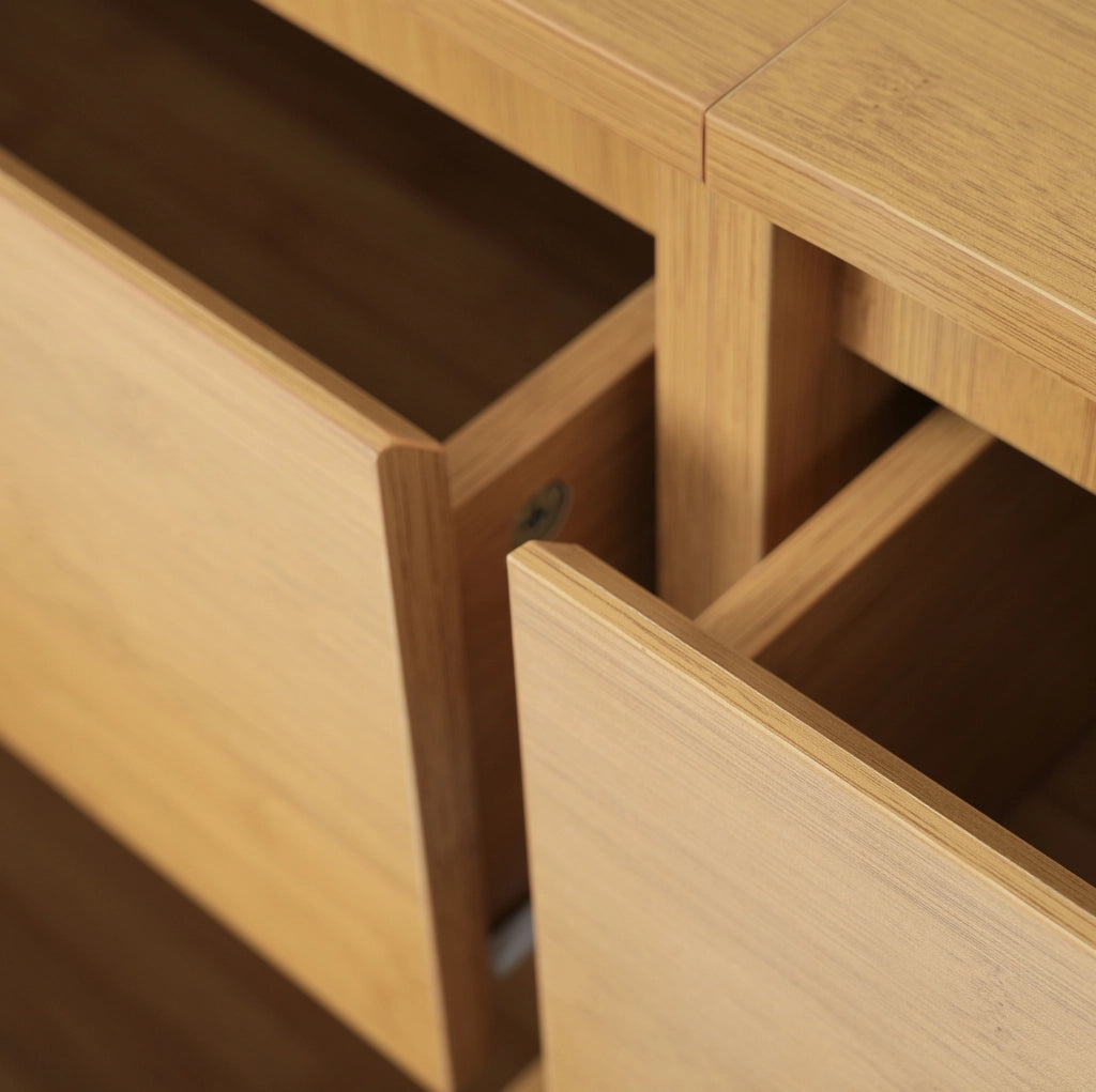 Credenza 160x40x75 cm con 6 cassetti e ripiani laterali in MDF e bambù; naturale