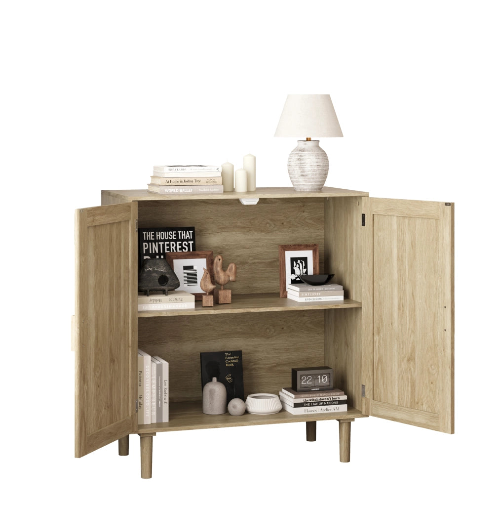 Credenza a 2 ante in rattan e MDF con maniglie in legno, per soggiorno e ingresso, naturale, 80 × 40 × 88 cm