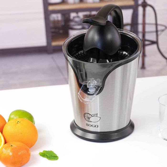SOGO Estrazione Succo con Manico a Pressione 85W, Corpo Inox, 2 Coni, Funzione Start/Stop, Design Elegante e Silenzioso
