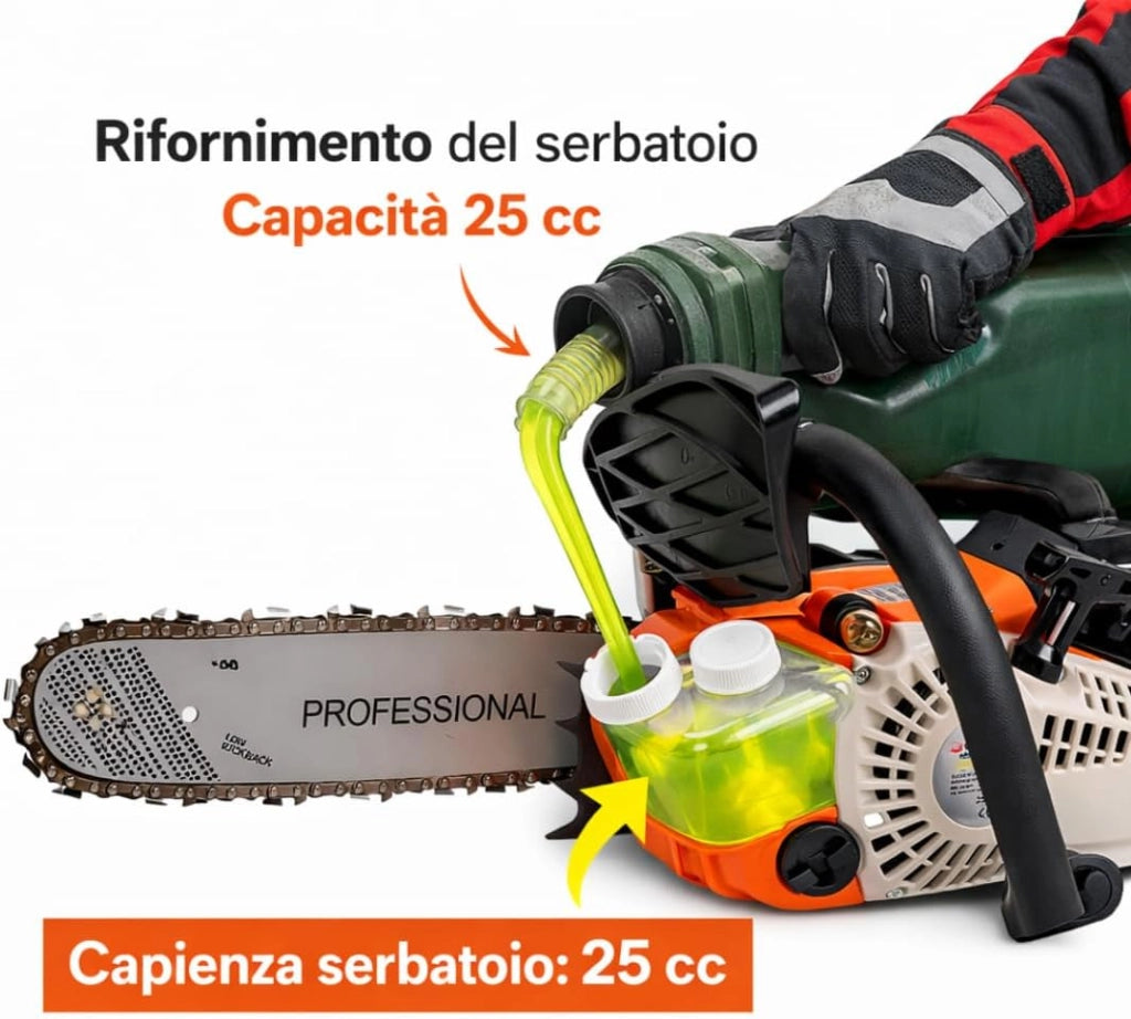 Motosega a Scoppio 25cc 2 Tempi Professionale, Lama 25 cm per Potatura e Taglio Legno, Mini Motosega Benzina Compatta, Kit Montaggio Incluso, Ideale per Fai da Te e Professionisti