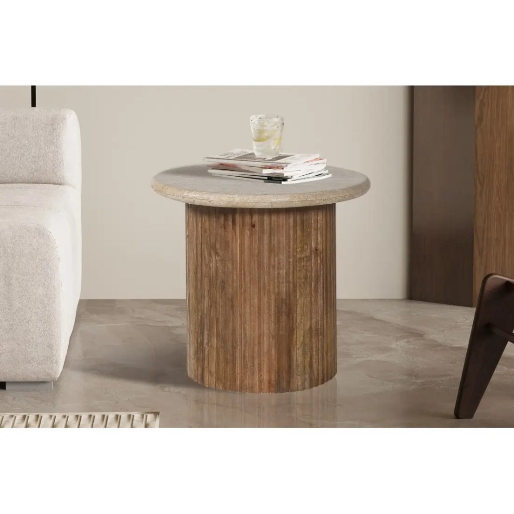 Tavolino MAELORA – Tavolino rotondo Ø50 cm – Legno di mango & travertino – Design naturale ed elegante