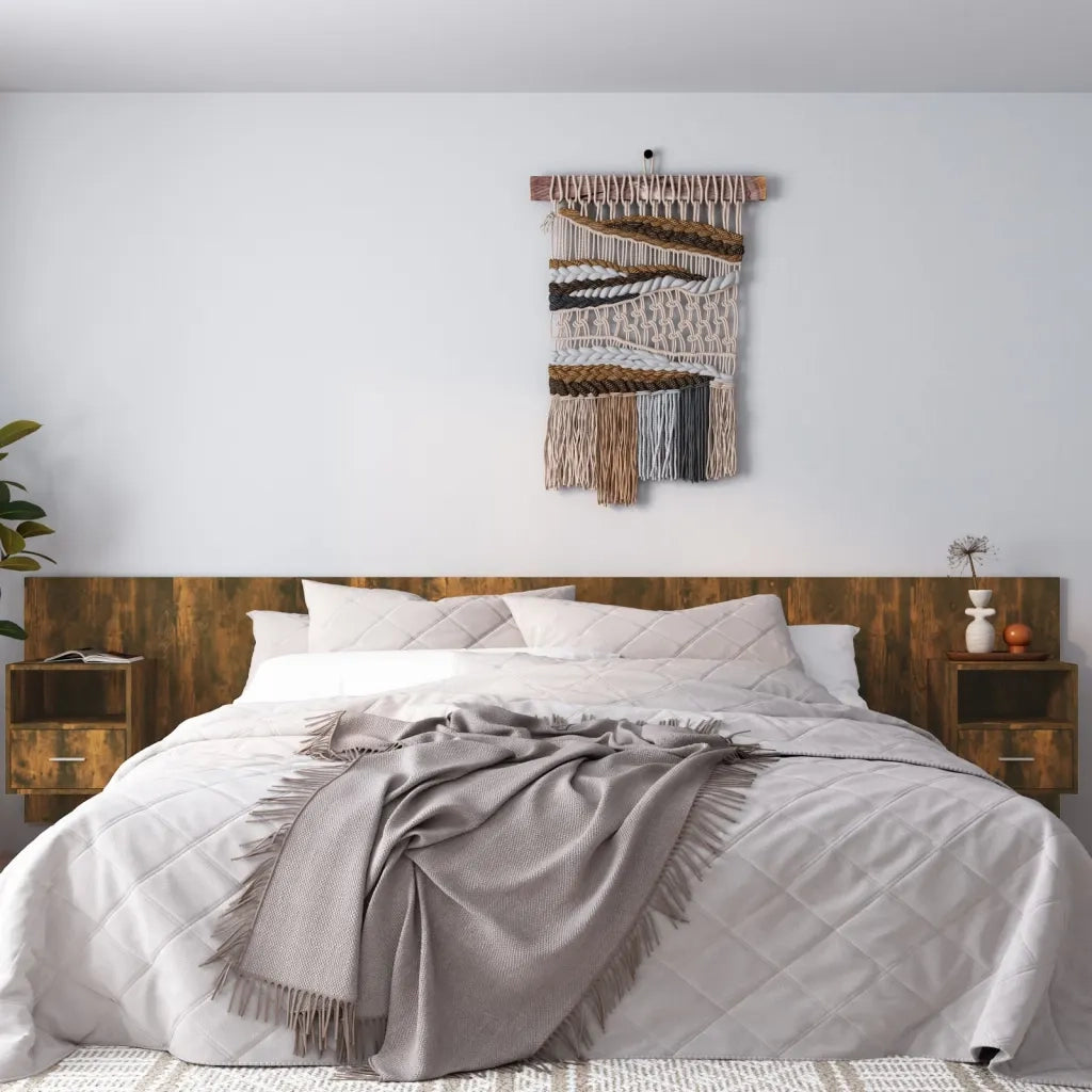 Testiera | Testata Letto con Comodini Rovere Fumo in Legno Multistrato