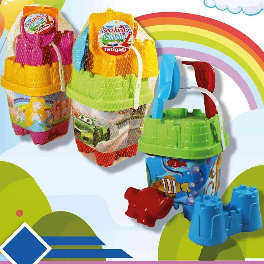 Trade Shop - Set Secchiello Da Spiaggia Varie Grafiche Assortite Con Accessori Mare Quadrato 406692 -