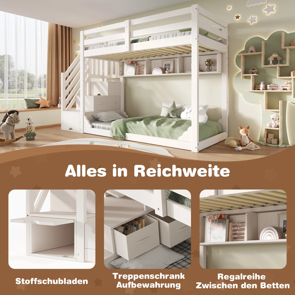 DESMIU Letto a castello bambino 90 × 200 cm 2 posti con scala contenitore e ripiani, senza materasso, in legno, bianco