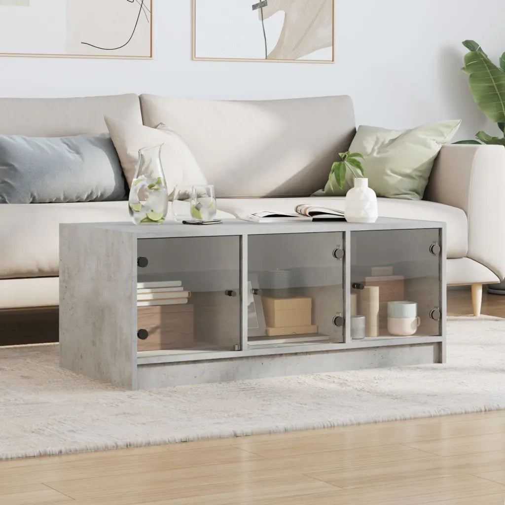 Tavolino Salotto con Ante in Vetro-Tavolino da soggiorno-Tavolo Grigio Cemento 102x50x42 cm