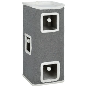 Torre per Gatti con 3 Casette Palline e Posatoio 41x41x100 cm in Legno Tessuto e Peluche Grigio e Bianco