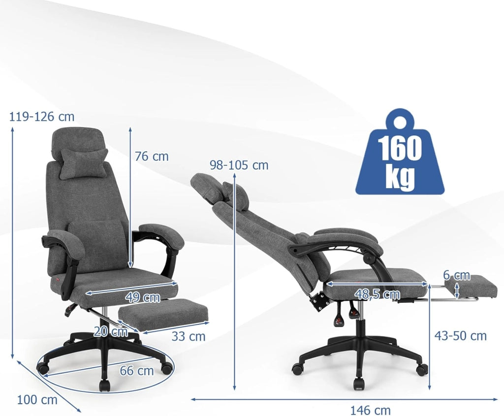 Sedia da Ufficio Reclinabile, Poltrona da Scrivania con Braccioli e Poggiapiedi Retrattile, Schienale Rogolabile, Poltrona Esecutiva Ergonomica con Cuscini per Collo e Lombari, Grigio
