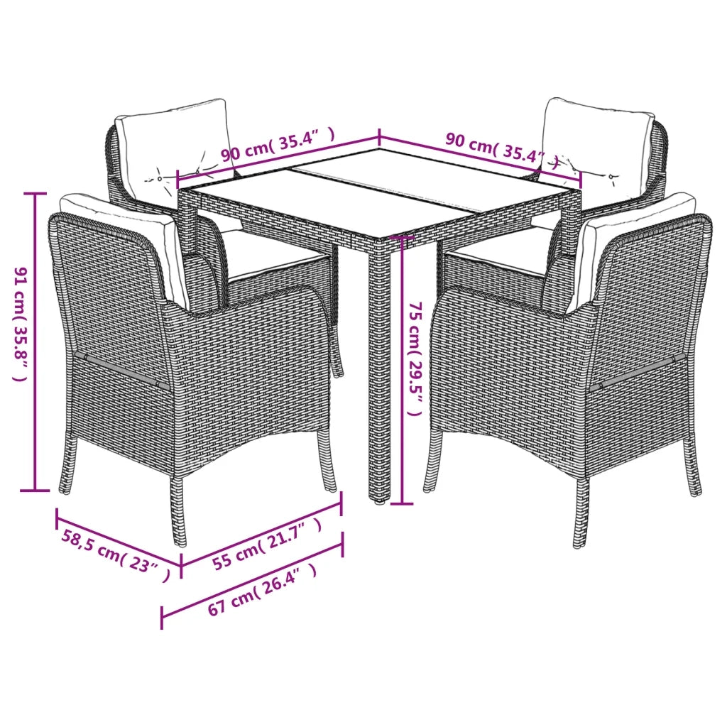 Set da Pranzo da Giardino 5 pz Nero con Cuscini in Polyrattan 3211849