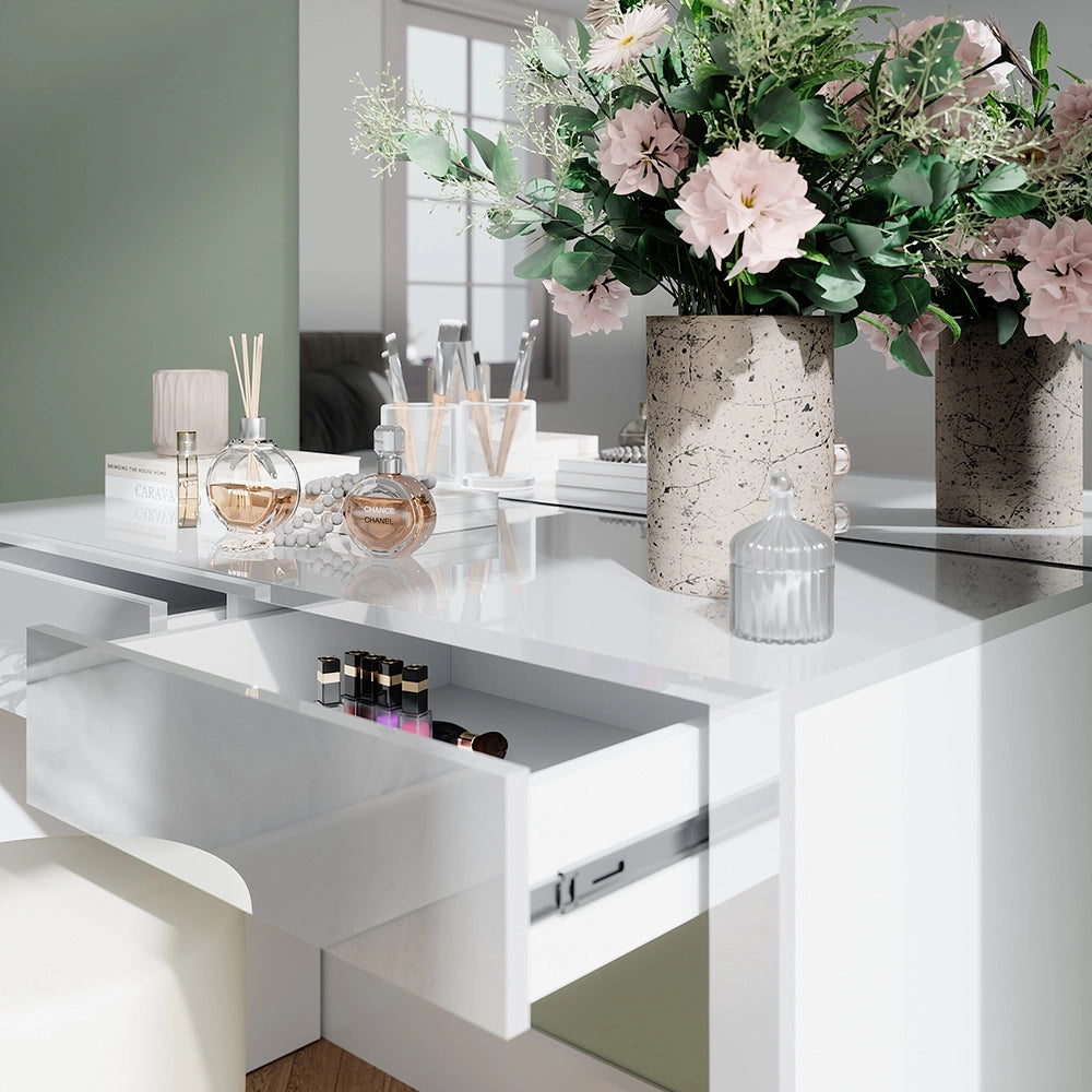 Vicco Tavolino da toilette Bianco lucido/bianco 110 cm con specchio e sgabello