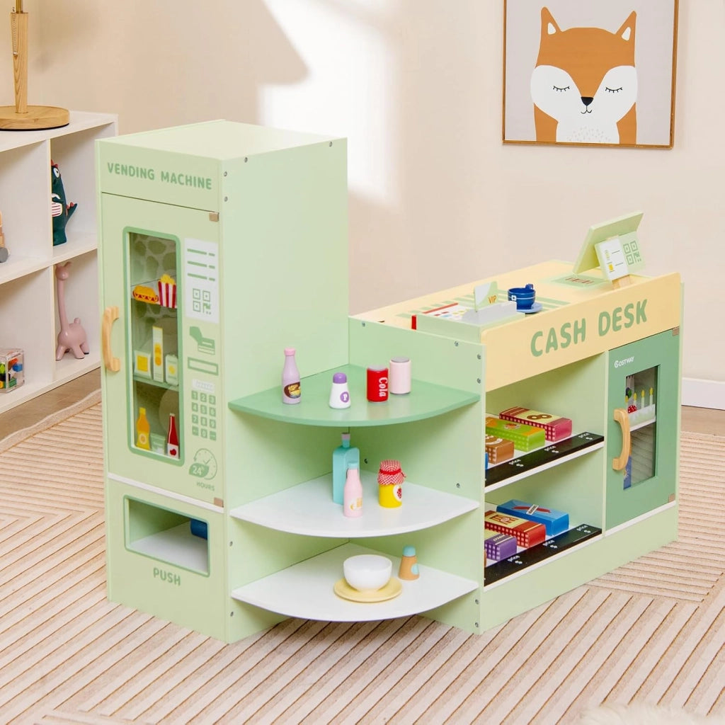 Set di Giocattoli in Legno per il Supermercato, Negozio Alimentare per Bambini con Bancone Cassa, POS, Distributore Automatico, per Bambini 3 - 8 Anni (Verde)