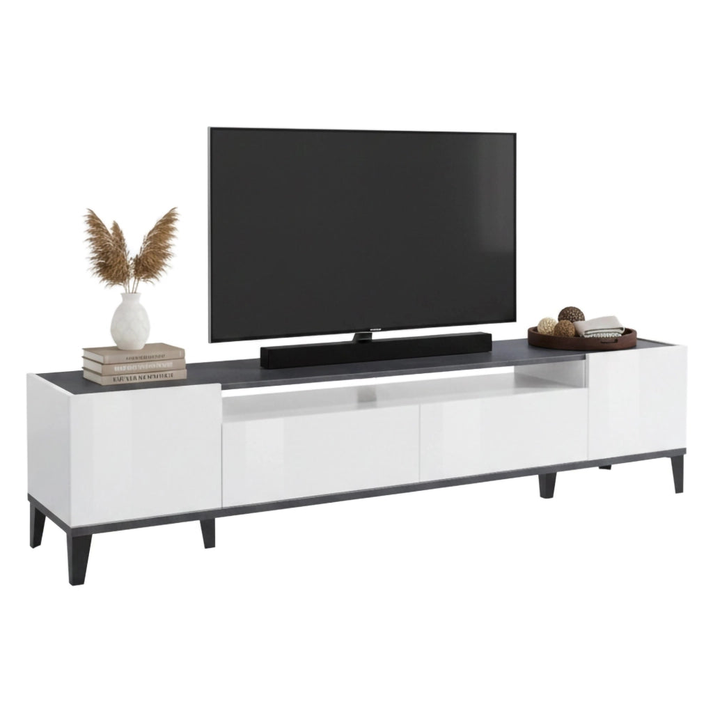 Abina, Mobile Porta tv 2 Cassetti Made in Italy, 200x40x47h cm Bianco Lucido