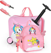 Set di Valigia Cavalcabile 18’’ + Zaino 12’’ per Bambini 2 Pezzi, Bagagli 2-in-1 di con Maniglia Telescopica e 4 Ruote, Trolley Bagaglio a Mano e Zaino per Bambini (Rosa Unicorno-C)