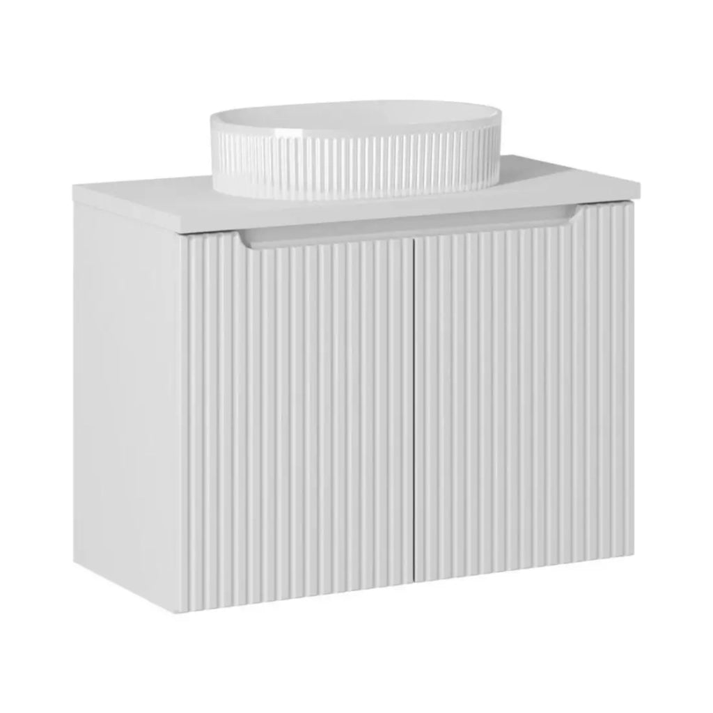 Insieme VANO bianco 80cm: mobile sotto lavabo con armadietti + piano per lavabo bianco + lavabo da appoggio scanalato bianco