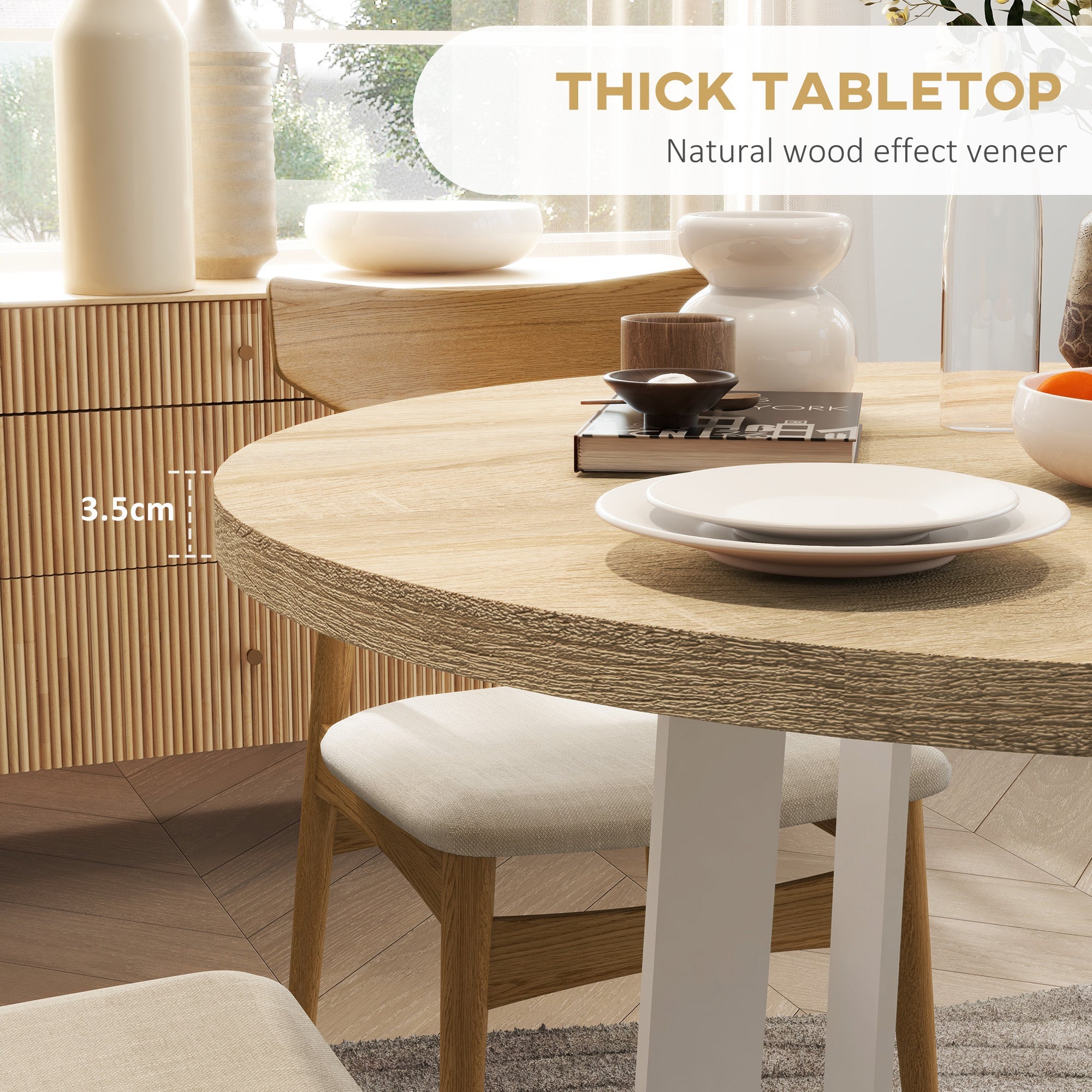 Tavolo da Pranzo Rotondo Moderno per 4 Persone Ø100x75 cm in MDF e Acciaio colore Legno Naturale e Bianco