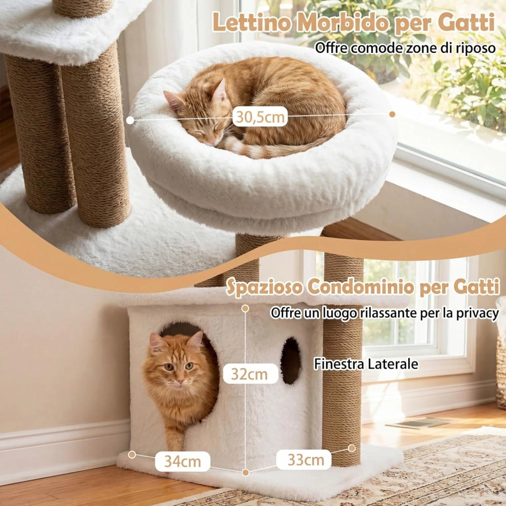 Albero per Gatti, Alberi Tiragraffi Alta 96 cm con Poggiolo Imbottito a Forma di Fiore, Condo Accogliente & Letto per Gatti, 2 Palline con Campanelli Appese & Posti per Graffiare (Bianco)