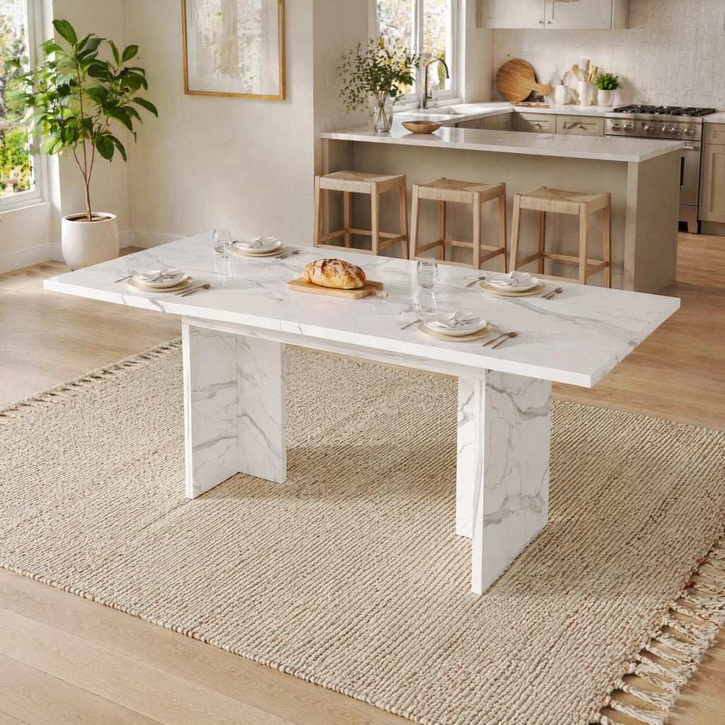 Tavolo da pranzo allungabile 140-180 cm in MDF, effetto marmo bianco, per 6-8 persone