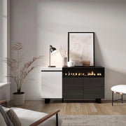 Credenza, Mobile, 150x35x87cm, 3 Porte, Camino elettrico, Design industriale, Bianco e nero RF2507