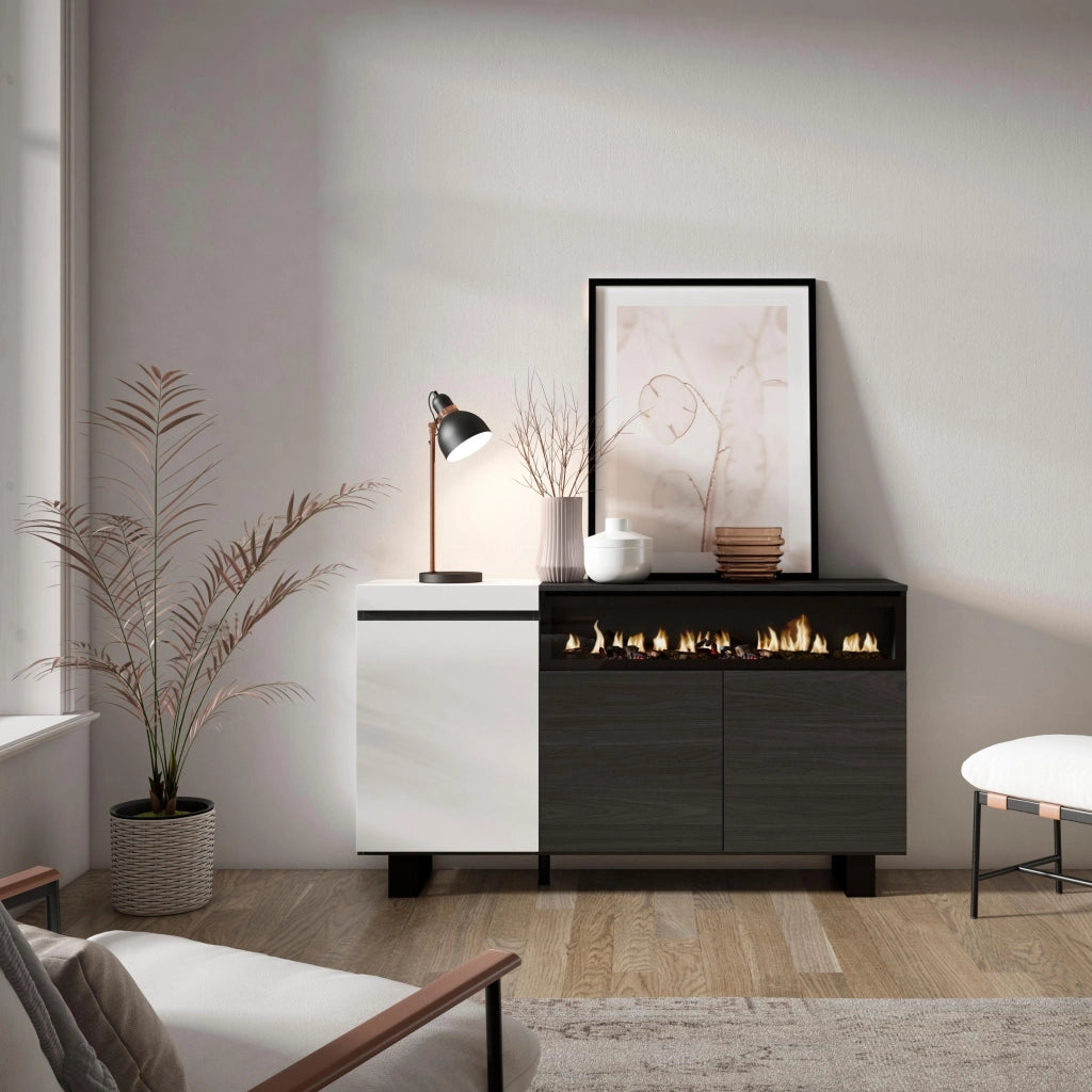 Credenza, Mobile, 150x35x87cm, 3 Porte, Camino elettrico, Design industriale, Bianco e nero RF2507