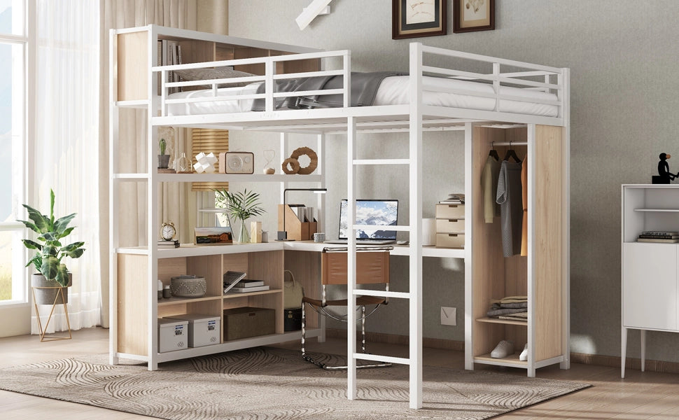 DESMIU Letto a soppalco letto matrimoniale con scrivania, doppio vano, armadio e scala 140 × 200 cm senza materasso