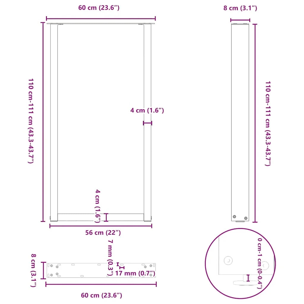Set di 2 gambe per tavolo da bar a forma di U 60 x 110 cm robuste e moderne con piedini livellatori finitura acciaio naturale 02_0057491