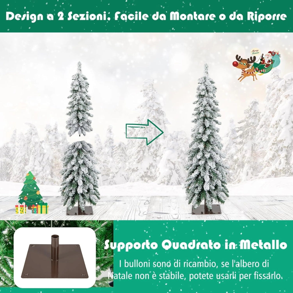 Albero di Natale Slim 120/150 CM, Albero di Natale Innevato con 225/334 Punte PVC, Timer, 100/150 Luci LED a 2 Colori e 11 Modalità di Illuminazione, Decorazione Natalizia Ideale (120 CM)