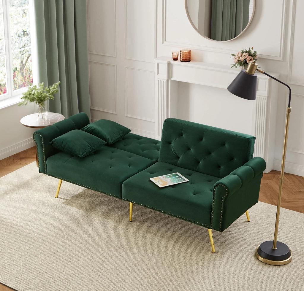 Divano Letto 2 Posti ¨C MINIMAL ¨C Velluto, Schienale Regolabile, Piedini Dorati