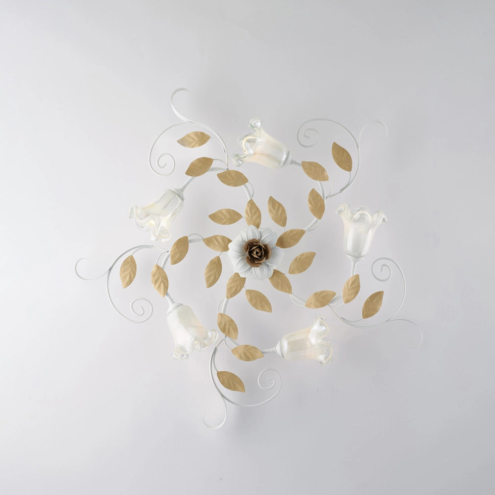 Plafoniera Arte Povera Cesto Metallo Bianco E Oro 5 Luci E14