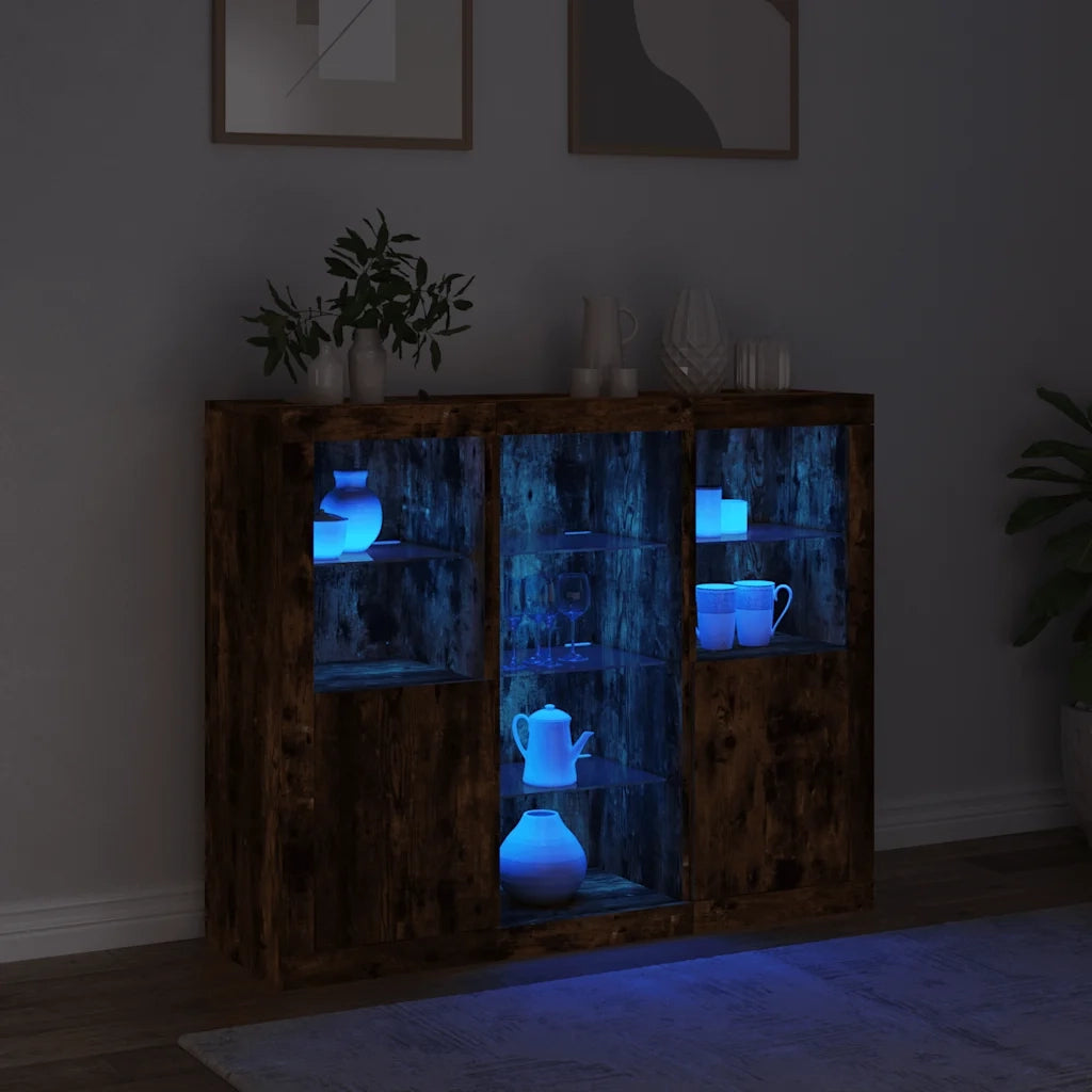 Credenze con Luci LED 3 pz | Madia | Buffet da pranzo | Armadio da pranzo Rovere Fumo in Legno Multistrato