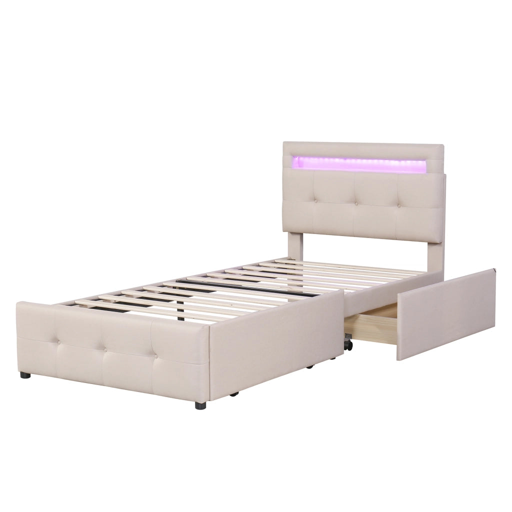 Letto imbottito 90x200 cm con luci LED integrate; due cassetti; beige