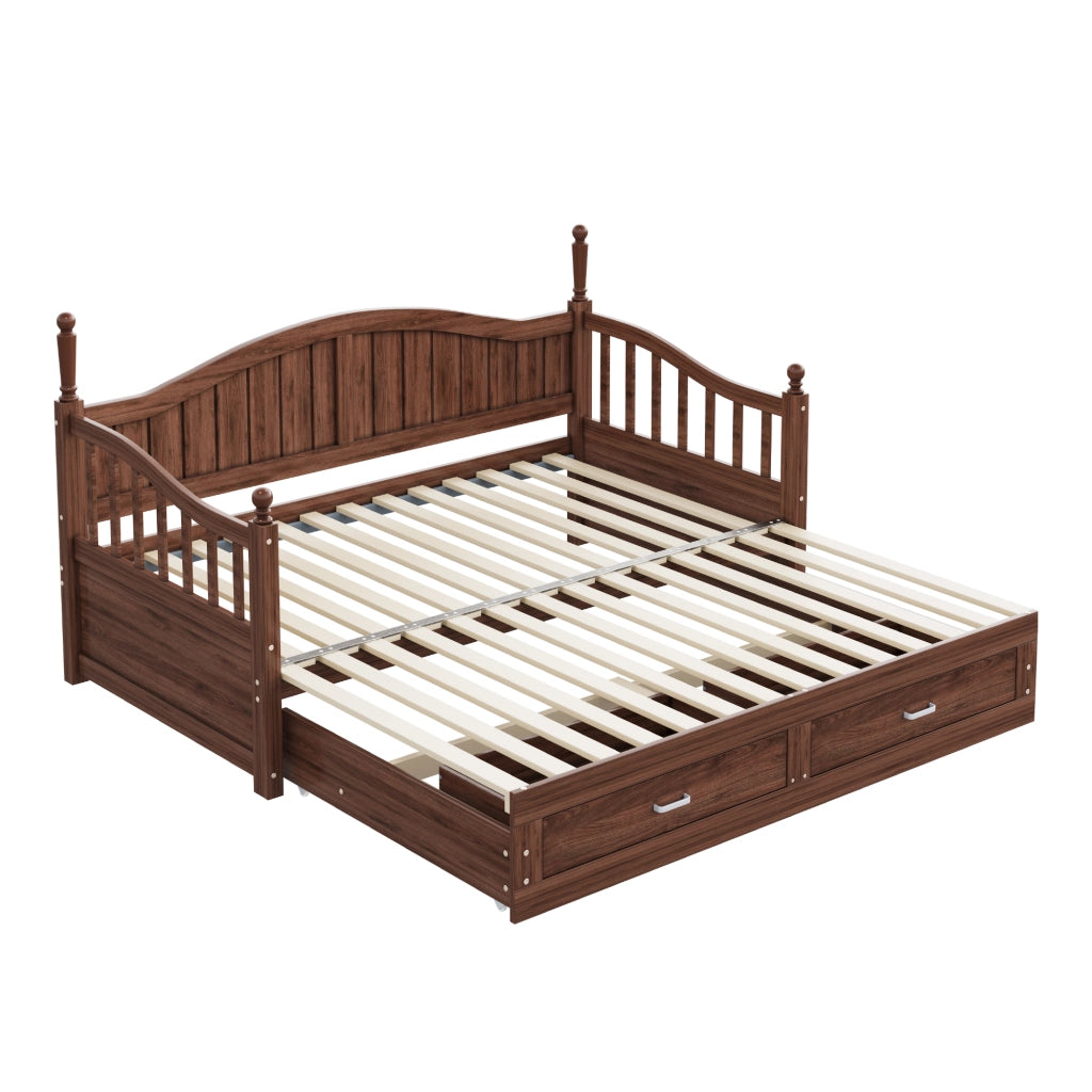 OKWISH Letto Divano Estraibile 90×190 cm, Letto Singolo con 2 Cassetti, Schienale Curvo e Braccioli, senza Materasso, in Legno, Noce