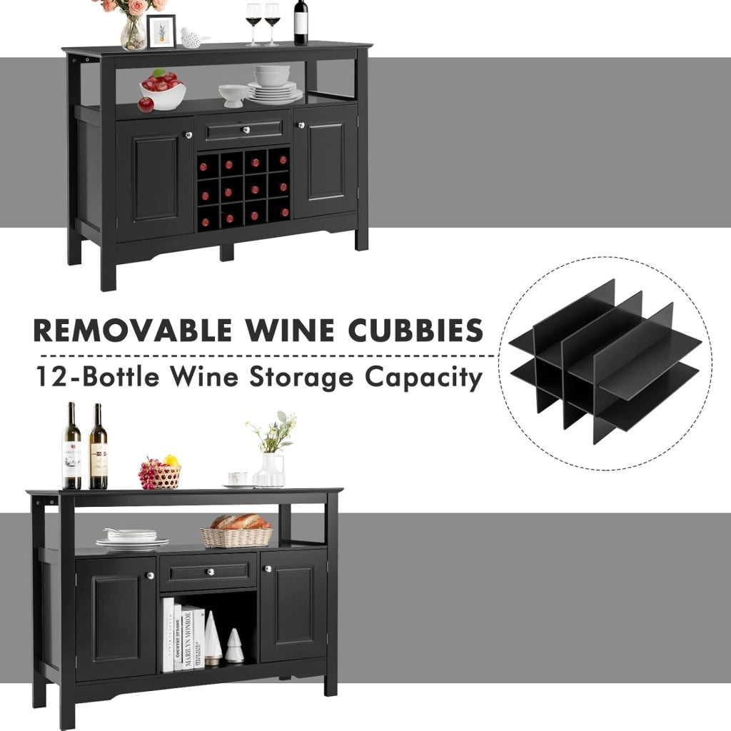 Tavolo Portabottiglie, 2 Ripiani, 12 Bottiglie, Cantinetta con 1 Cassetto e 2 Ante, Portabottiglie per Conservare ed Esporre il Vino, 116x40x82cm, 3 Colori (nero)