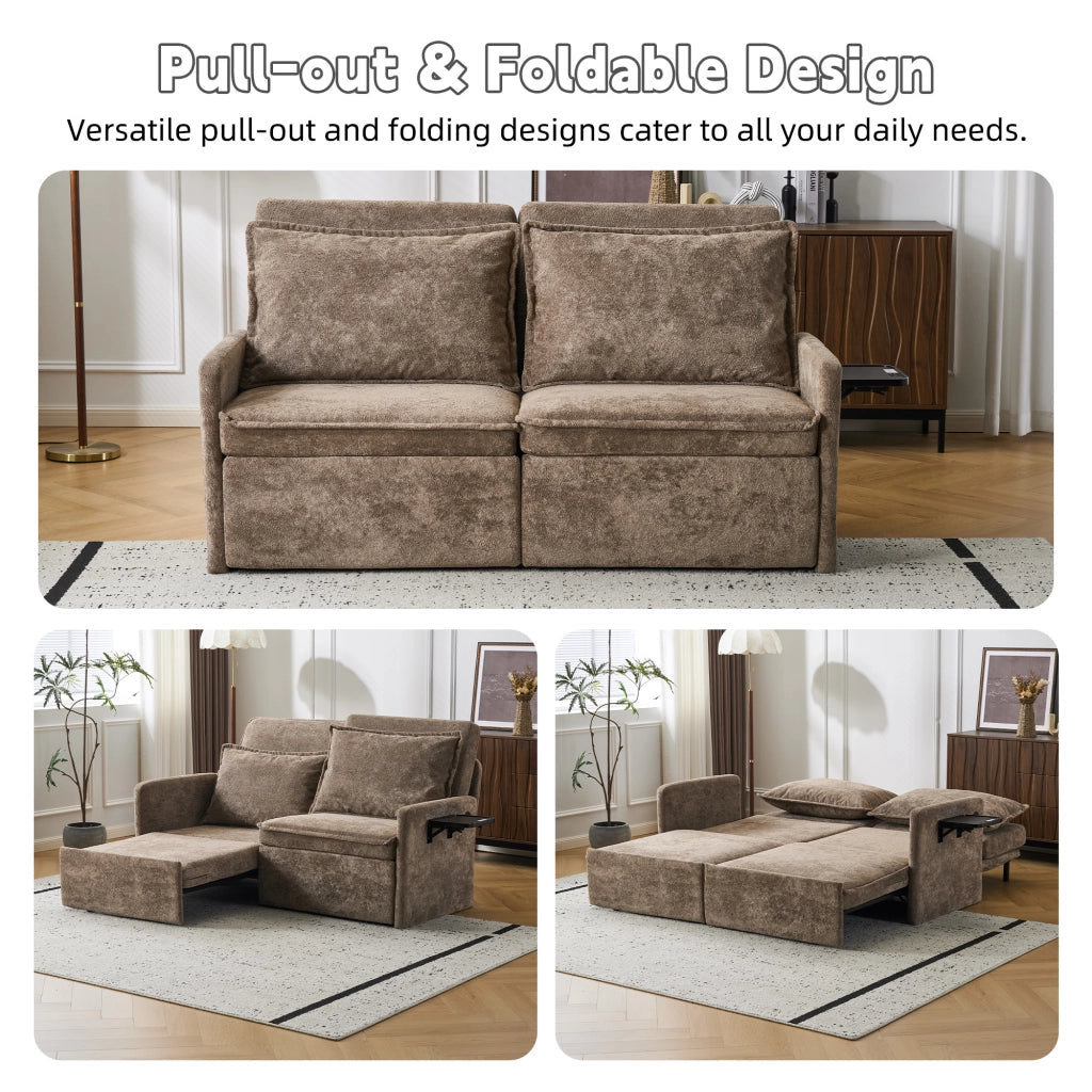 Divano letto con schienale regolabile USB Type-C e tasche laterali in Chenille Marrone 172.5 × 71.0 × 95.0 cm