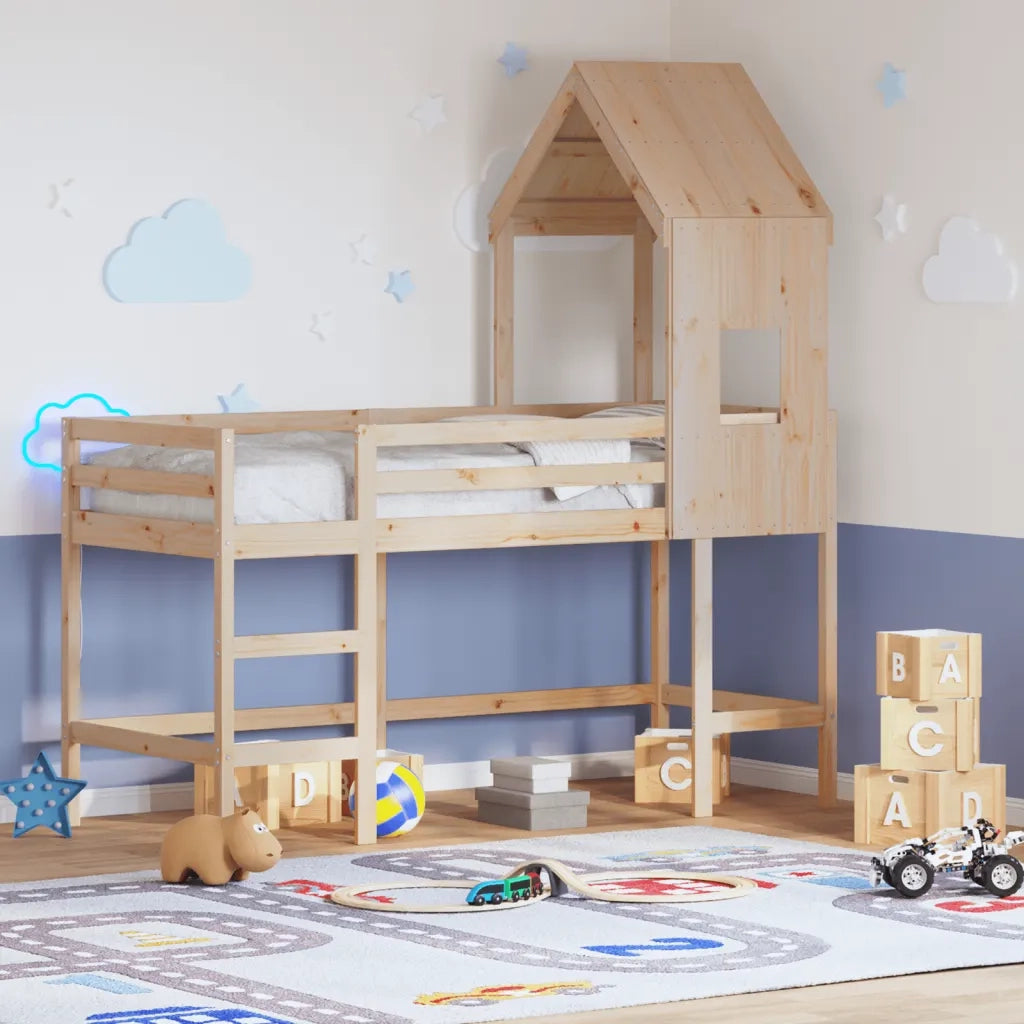 Letto Soppalco con Scala e Tetto 80x200 cm Legno Massello Pino 3282028