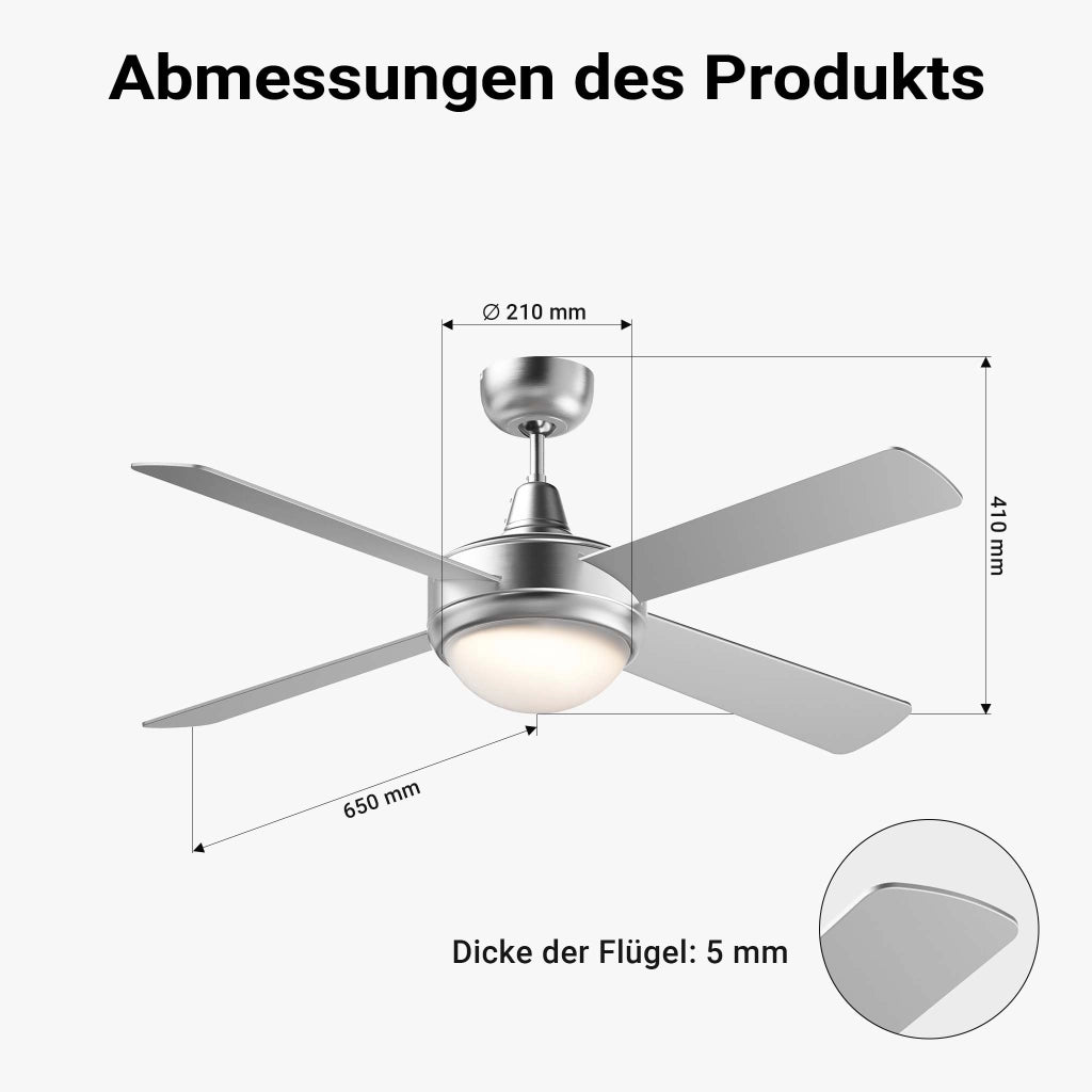 Ventilatore da soffitto Ø 130 cm con 4 pale, lampadario ventilatore con 3 velocità, telecomando, timer, modalità estiva e invernale, 65 W