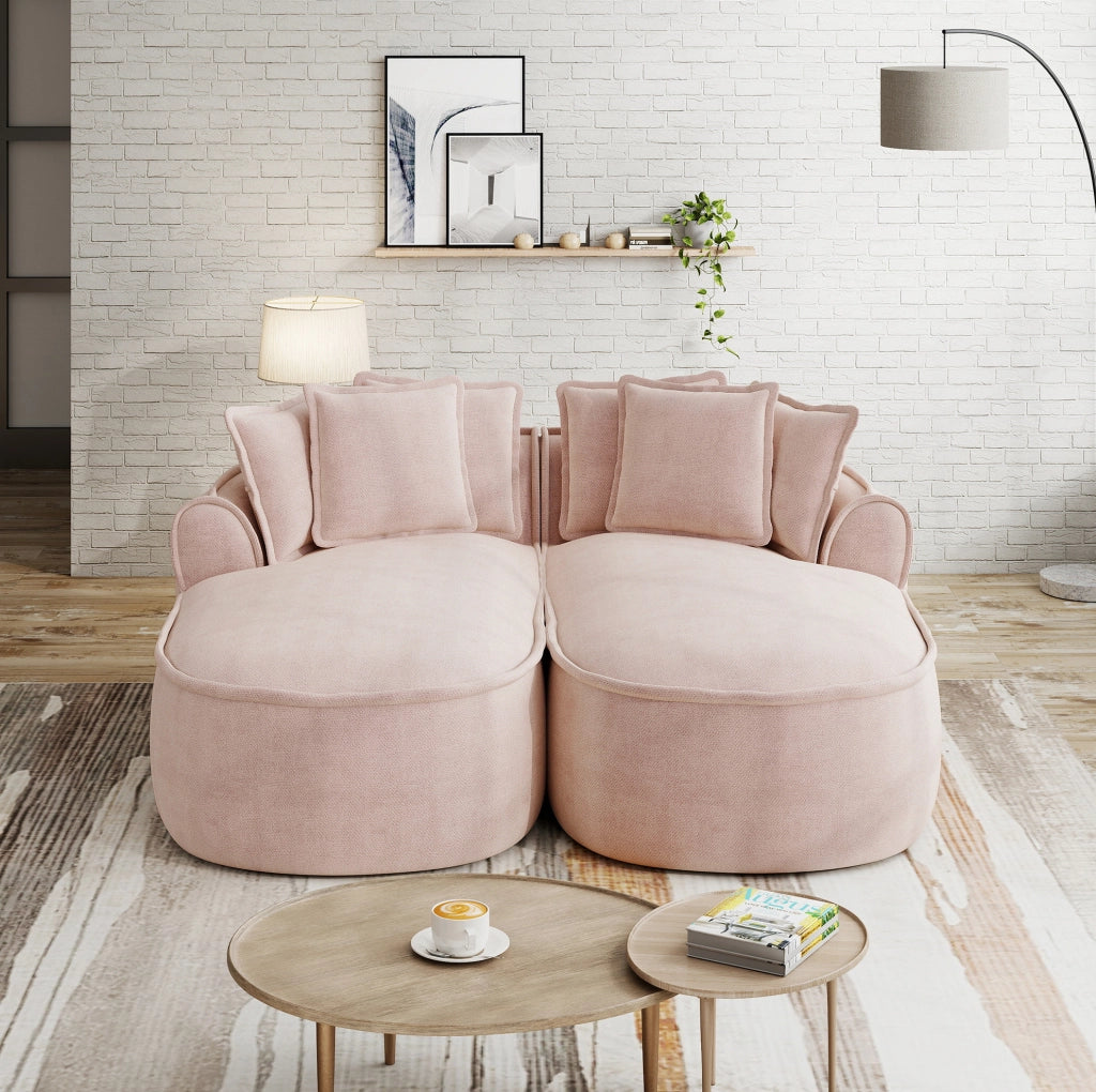 Divano modulare doppio in tessuto chenille rosa con chaise longue extra profonda e cuscini inclusi