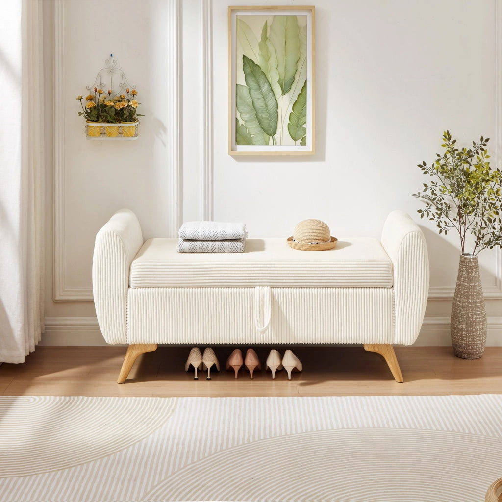 Panca contenitore pieghevole in velluto a coste con gambe in legno e vano interno, beige 145 × 51 × 57 cm