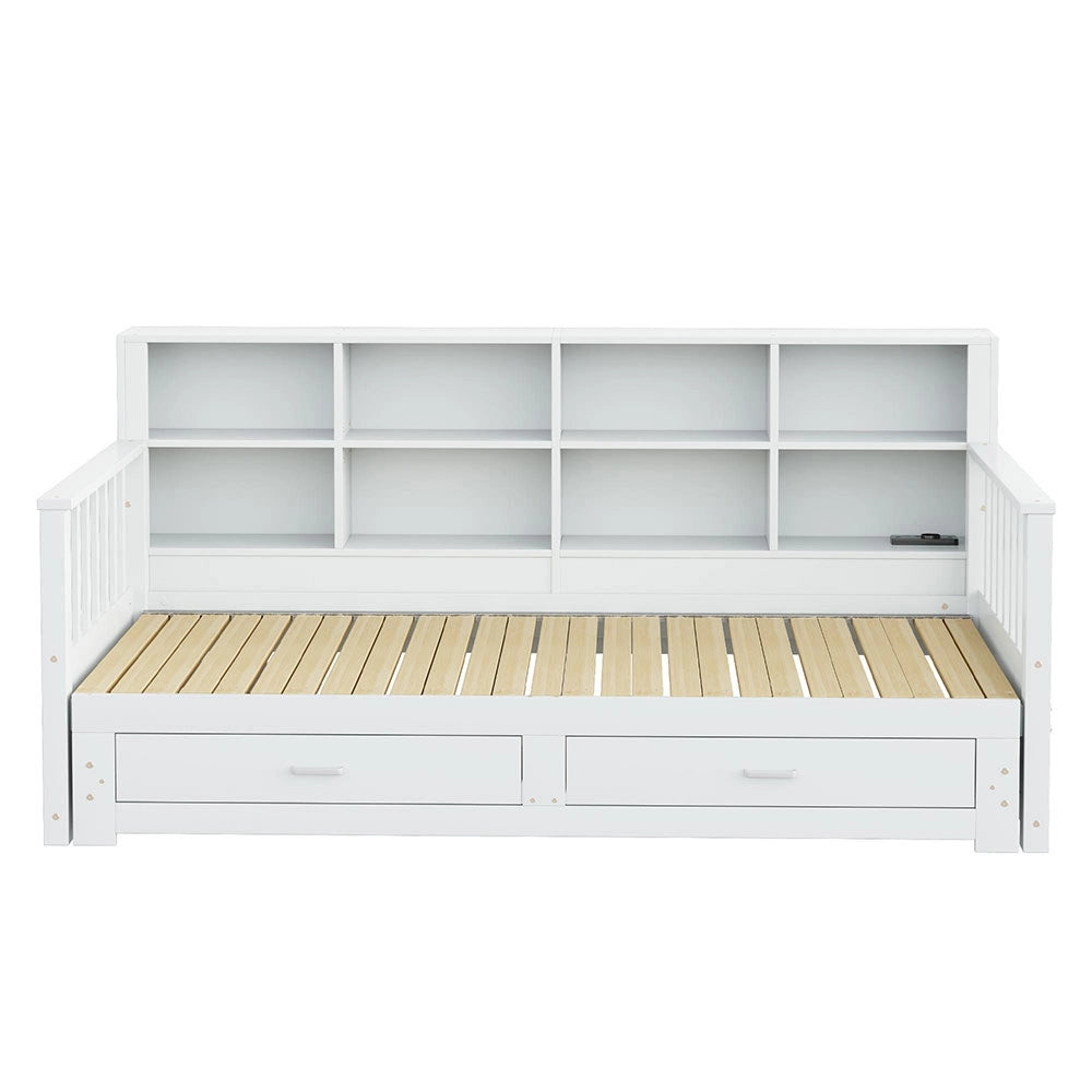 Divano letto pino 90/180x190cm - Xylo - bianco, carica USB, cassetti