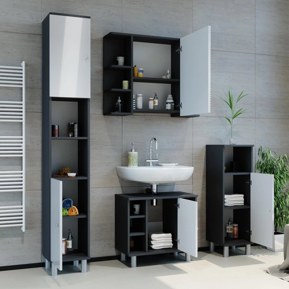 Mobile sottolavabo per bagno Fynn, Antracite, 60 x 54 cm, con intaglio per sifone e ripiani aperti