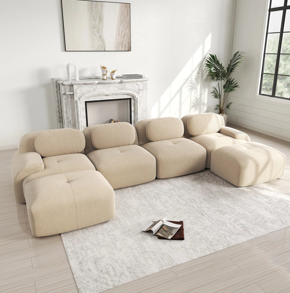 Divano angolare modulare in velluto a coste beige; design senza telaio; senza montaggio