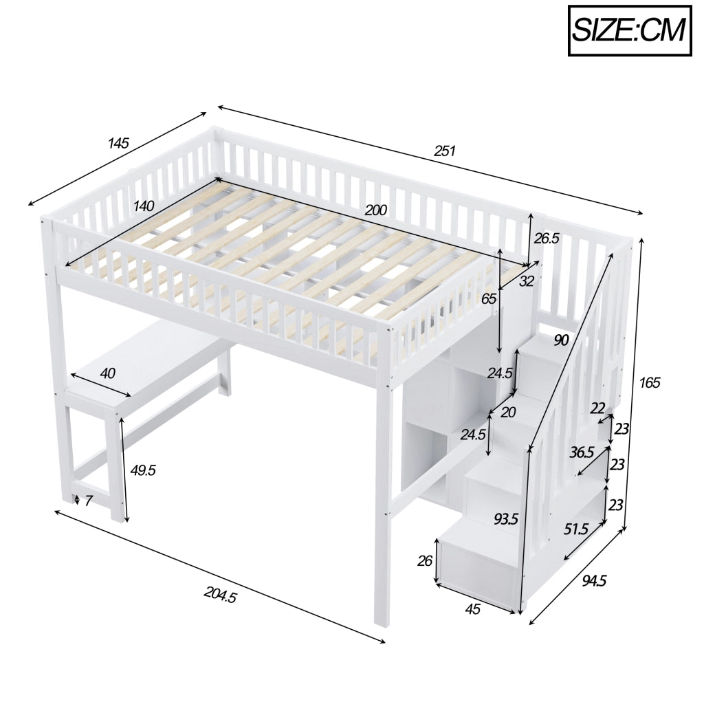 Letto a soppalco bianco 140x200 cm con LED, scala contenitore, scrivania e ripiani
