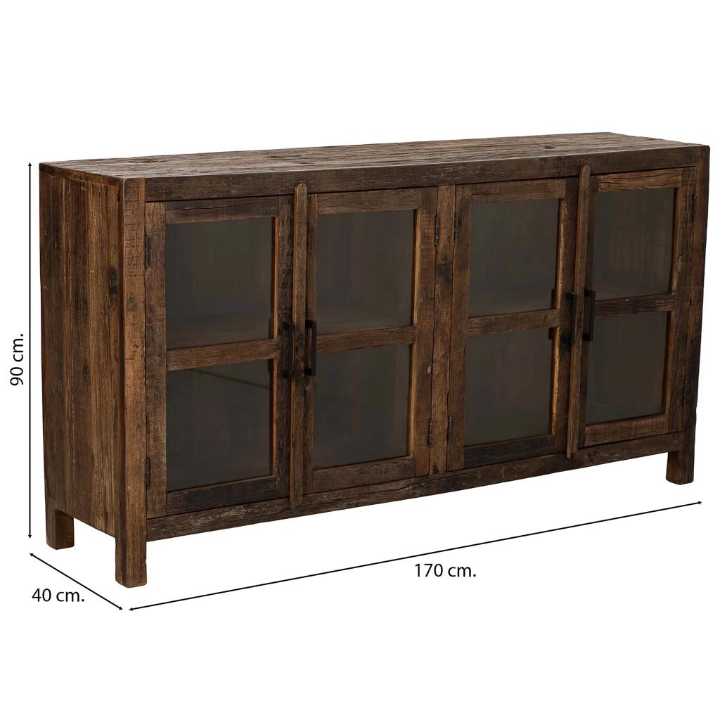 Credenza artigianale in legno con 4 ante marrone, 170x40x90h cm
