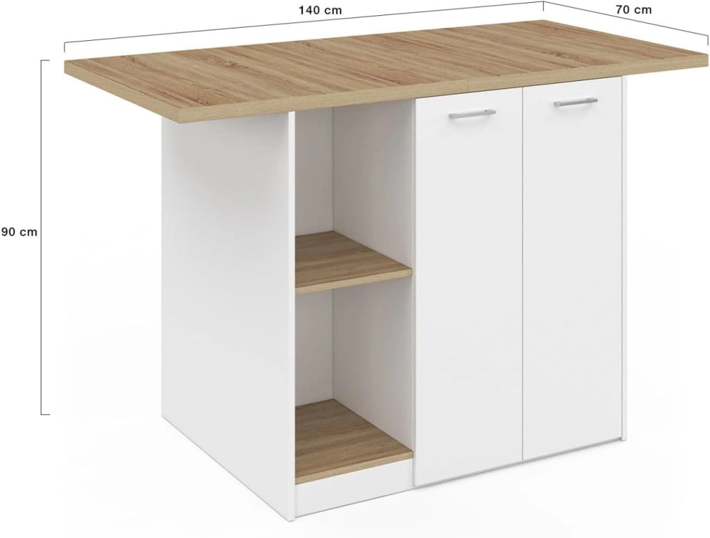 IDMarket - BAO 140 cm 4 persone isola centrale in legno bianco con piano di lavoro effetto faggio