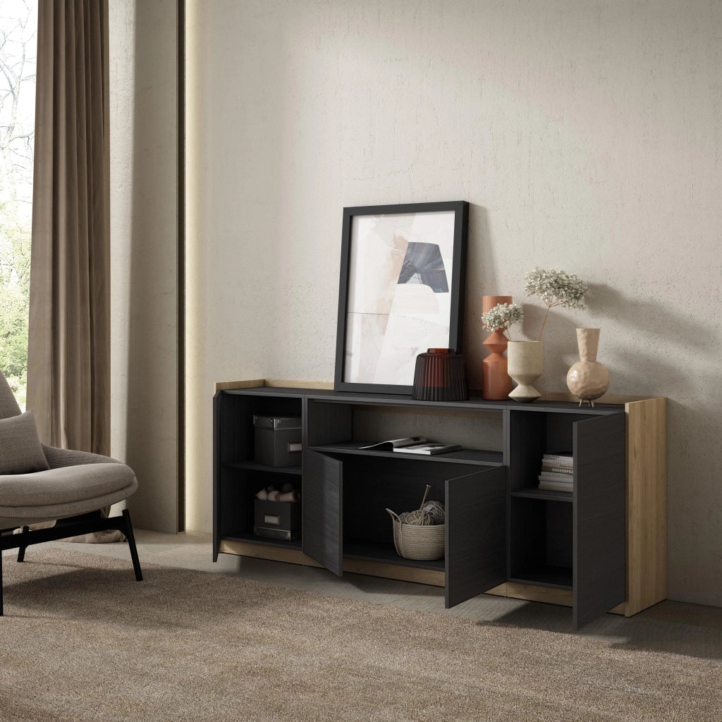 Credenza, Mobile, Cucina, 207x80x37 cm, 4 Porte, grande stoccaggio, Nero e rovere